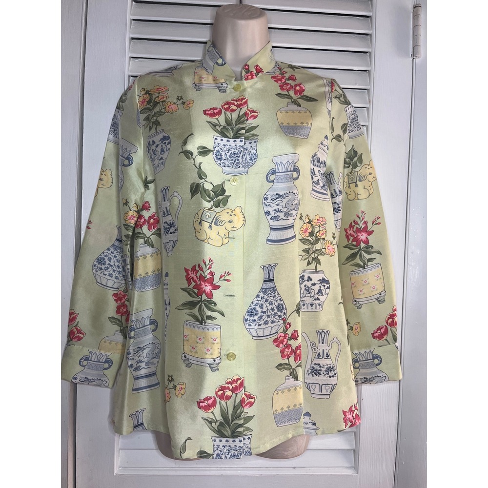 Carlisle Silk Blouse Asian Print Button Down Long Sleeve Top Size 6